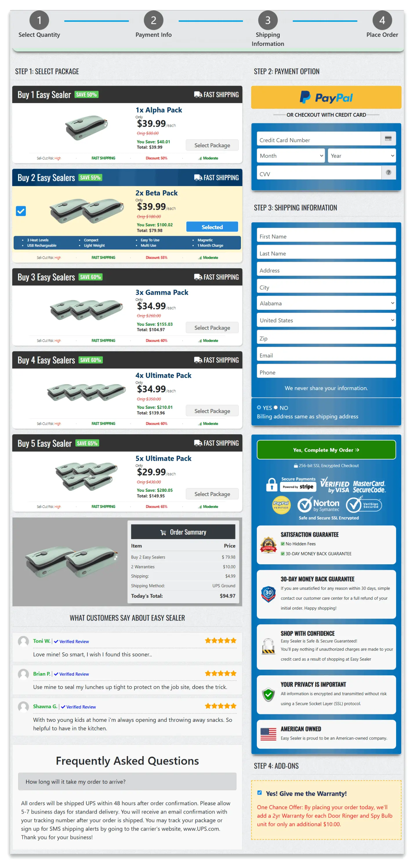Easy Sealer checkout page